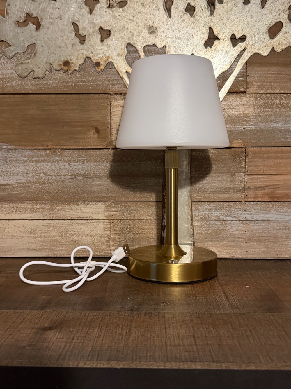 Cordless Rechargeable Adjustable Height Brass Table Lamp with White Shade
